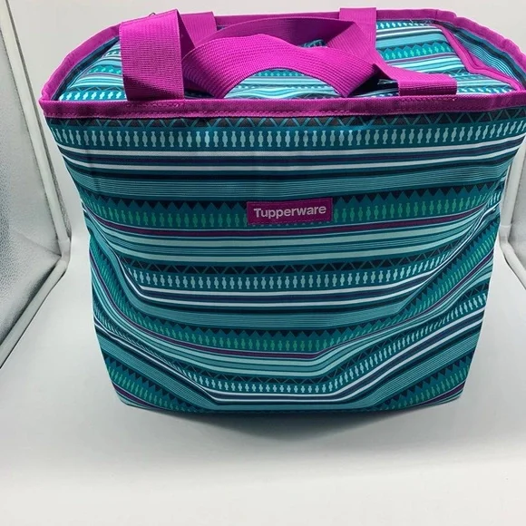 Tupperware Teal and Pink Striped Picnic Suitcase Women's Bag - Picture 1 of 7